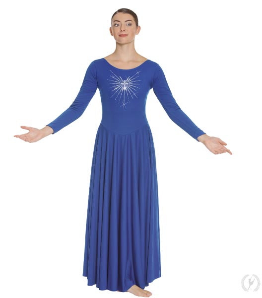 Eurotard 11030 Womens Front Lined Long Sleeve Praise Dress with Rhinestone Radiant Cross Royal